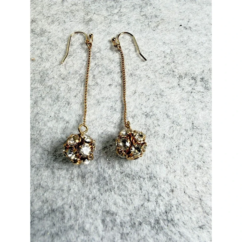 Vintage Rhinestone Ball Dangle Earrings Gold Tone Long Chain Shoulder Dusters